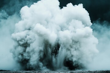 Obraz premium A dramatic explosion of white smoke billows from the ground, creating an atmospheric and intense visual effect.