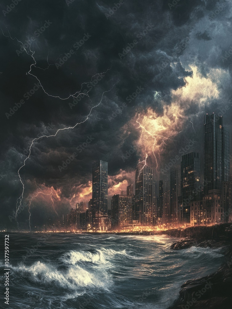 Poster dark clouds swirl ominously above the coastal city as lightning illuminates the skyline and waves cr