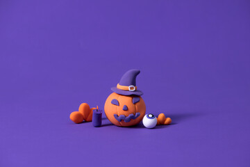 Playful Halloween Pumpkin With Witch Hat And Decorations