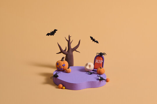 Halloween Scene with Pumpkins, Bats, and Tombstone