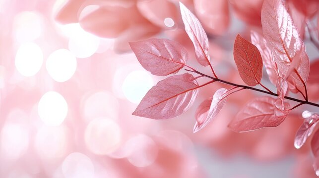 Blush pink fall leaves, serene Valentine's background, dreamy atmosphere