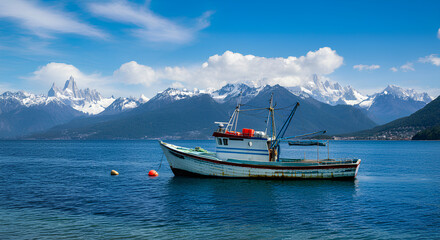 A fishing boat floats on a calm blue lake, with snow-capped mountains in the background.