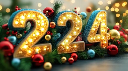 Fototapeta premium Illuminated 2024 New Year's Eve decoration with Christmas ornaments and pine branches.