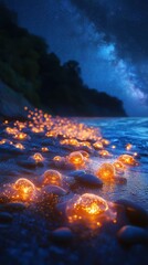 Glimmering Shores of Love: A Panoramic Fluorescent Dream Beach