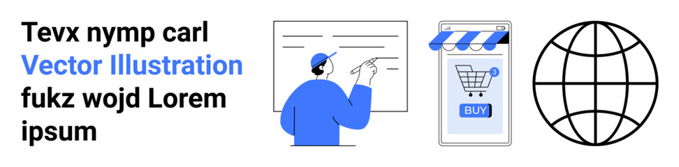 Person giving a presentation, a smartphone with an online shopping cart, and a globe icon. Ideal for business strategy, e-commerce, technology tutorials, global marketing, digital sales, education