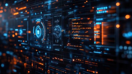 Obraz premium Abstract digital interface with blue and orange glowing lines and data.