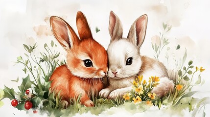 Set_Bunnies_and_fox_watercolor_drawing._Holiday_compositions":