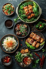 Delicious Asian Dishes on Dark Background