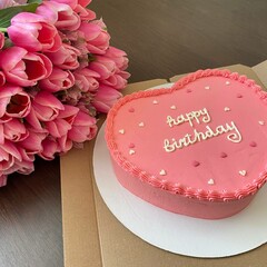 pink tulips and pink birthday cake 