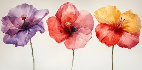Beautiful Hand-Drawn Spring Flowers - Poppy, Cosmos, Hibiscus Illustration