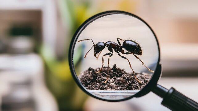 A close-up of a black ant viewed through a magnifying glass, showcasing intricate details of its anatomy.