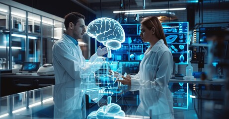 Neuroscientists Analyzing 3D Holographic Brain and Nervous System Model on Futuristic Interactive Desk in Research Lab for Advanced Brain Tumor Solutions
