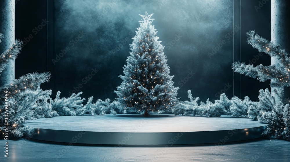 Poster a stunning christmas tree stands in the center, adorned with twinkling lights and surrounded by fros