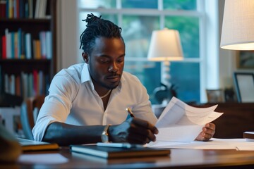 Fototapeta premium Focused African American Businessman Reviewing Document Papers in Modern Home Office Setup