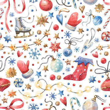 Christmas seamless pattern with festive decorations and winter details