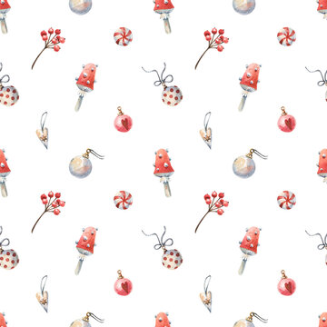 Christmas background with seasonal decor, red berries and amanita