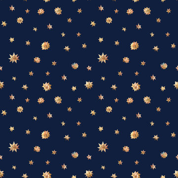 Seamless pattern with golden stars on dark blue background.