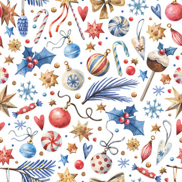 Christmas seamless pattern with seasonal decor, sweets and tinsel.