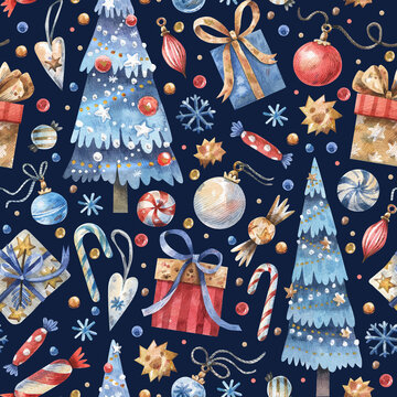 Christmas background with seasonal decor, gifts and Christmas trees.