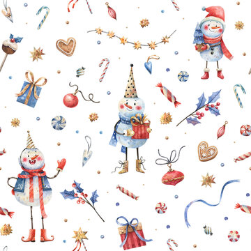 Christmas seamless pattern with cute snowmen and winter decor