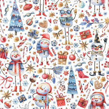 Cartoon Christmas pattern featuring funny snowmen, seasonal decor