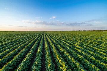 Expansive view of a soybean field under the vibrant sky of dusk