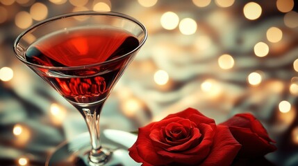 A martini glass filled with a bright red cocktail sits next to a single red rose on a shimmering...