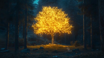 Obraz premium A glowing golden tree in a dark forest, surrounded by ordinary green trees, shining as a symbol of resilience and uniqueness against adversity