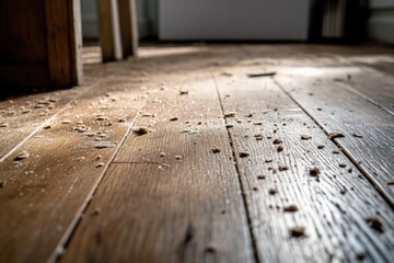 sweeping crumbs off a wooden kitchen floor.