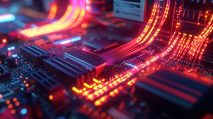 Fototapeta premium Data flows through a computer system via hardware components, traveling from the input devices to the processor, then to storage and output devices, ensuring smooth operation and processing.