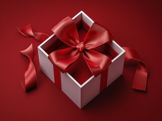 Obraz premium Open white gift box with red ribbon bow on red background, Valentine's day concept, 3D rendering, top view mockup