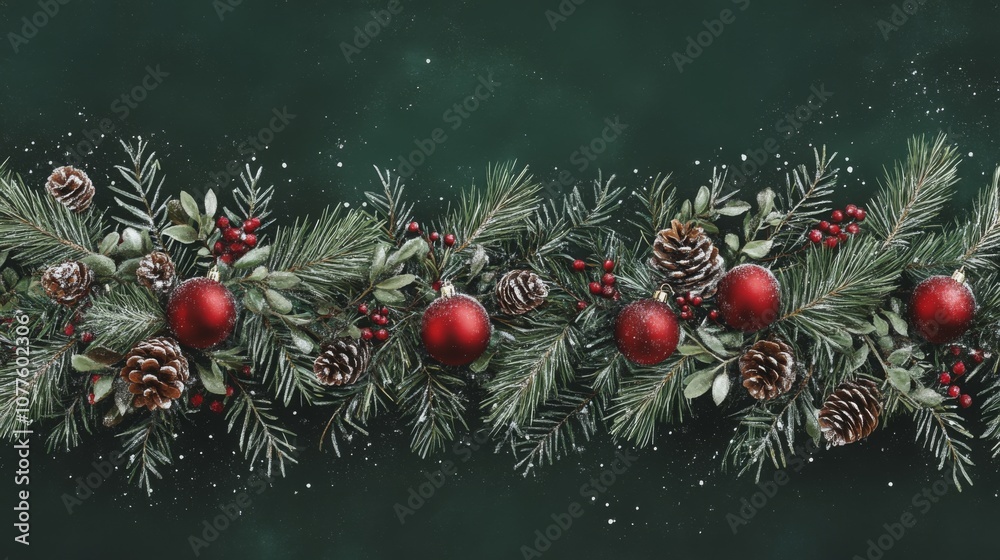 Aufkleber a horizontal image showcasing a garland of pine branches decorated with red ornaments, pinecones, an