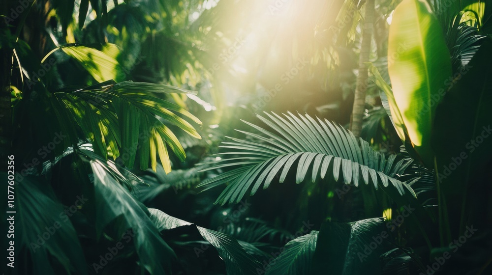 Poster golden sunlight streams through the vibrant leaves of a tropical forest, illuminating the lush green