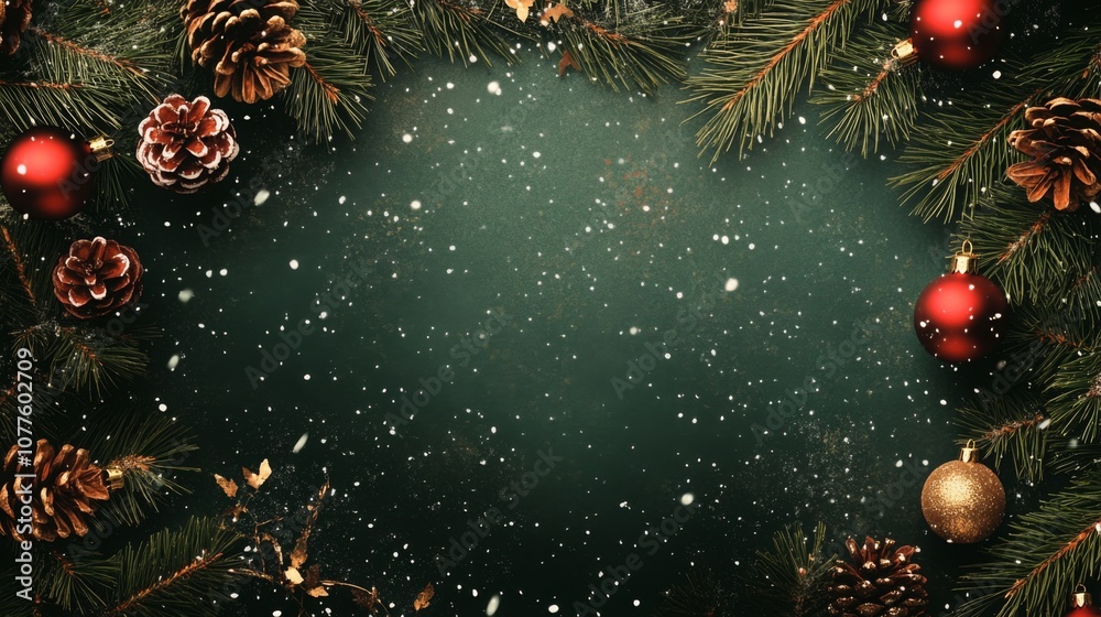 Aufkleber pine branches with red and gold ornaments surround a dark green background. there is a light snowfal
