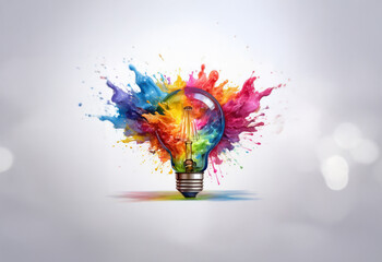 A light bulb filled with colorful paint explodes into a burst of creative energy against a soft,...