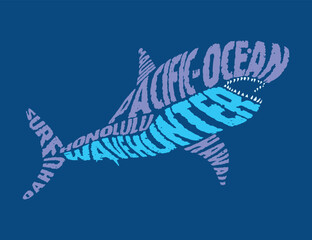 Silhouette of a great white shark, formed by lettering. Stylized art for prints on t-shirts, decoration, etc.