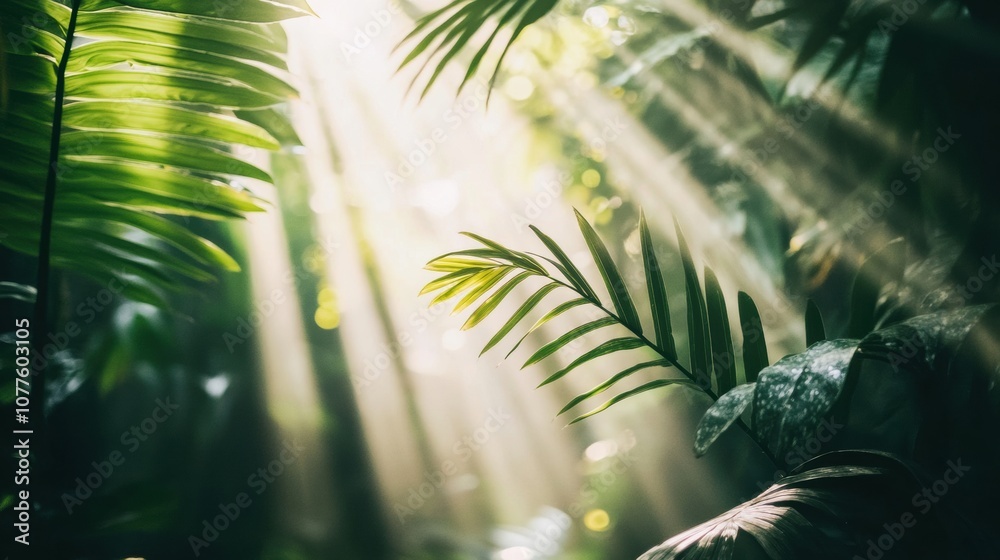 Aufkleber Sunlight streams through the dense leaves of a tropical forest, highlighting vibrant green foliage and creating a serene atmosphere. Generative AI