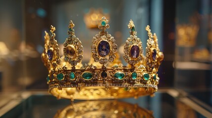 A royal crown made of gold, adorned with shimmering pearls. Its intricate design reflects luxury and power, symbolizing wealth and authority, fit for a king or queen.