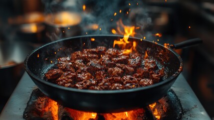 Close-up of meat cooking in a pan with flames.