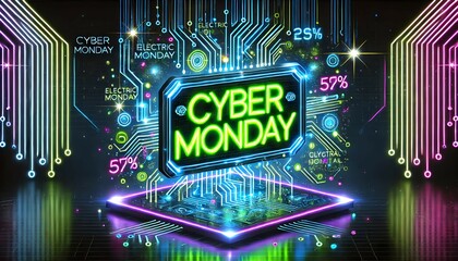 "Bright, cyber-inspired designs that capture the futuristic energy of Cyber Monday in vibrant, eye-catching artwork."