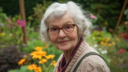 A lovely granny with a warm, kind smile, radiating wisdom and love. She is dressed in cozy, comfortable clothes, exuding a gentle and caring aura. The image captures the essence of family, affection, 