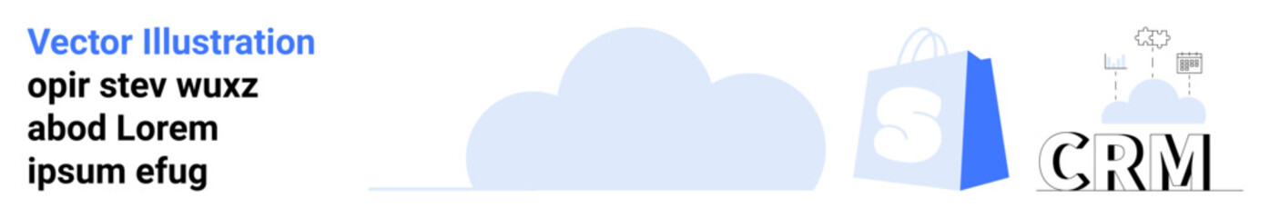 A blue cloud, shopping bag with a store logo, and CRM text in bold. Ideal for e-commerce, CRM, data management, cloud services, online retail. Landing page