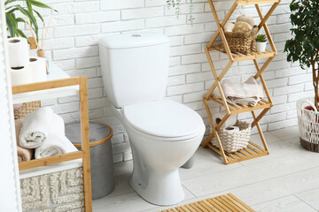 Interior of beautiful restroom with ceramic toilet bowl, houseplant and shelving unit near white...