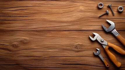 Close-up shot of a textured, worn wooden surface with a few scattered handyman tools like pliers, screws, and a wrench.