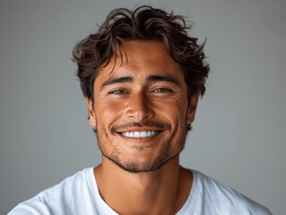 Fototapeta premium Portrait of a smiling handsome Indian man with dark hair and beard, white t-shirt, showing perfect teeth, isolated on white background