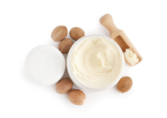 Jars with shea butter and cosmetic cream on white background