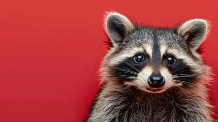 Playful raccoon peeking from behind a red background