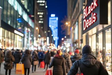 A busy city street with a large Black Deals sign