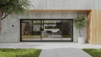 Exterior of modern concrete house with green garden, 3d rendering