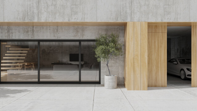 Concrete house exterior with car in garage, 3d render